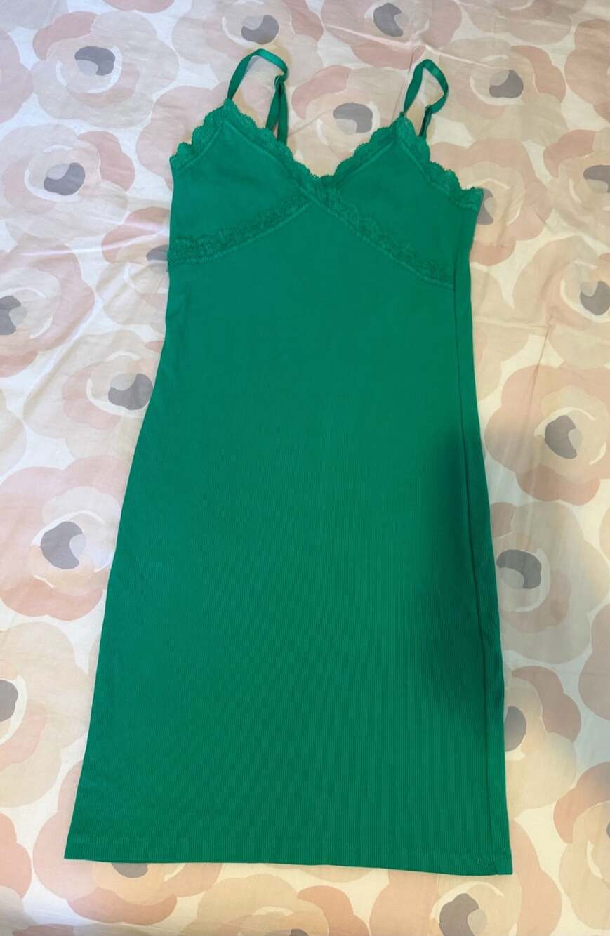 Ambiance Green Ribbed Cami Tank with Lace Trim, Size S